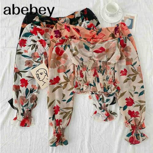 2021 New Spring Summer Temperament All-match Puff sleeve floral Blouse ruched slim Chiffon Shirt Top