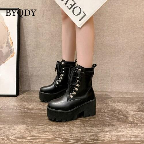 BYQDY 15CM Chunky High Heels Woman Boots Round Toe Lace Up Shoes Gothic Punk Creepers Ankle Boot Black PU Leather For Girls