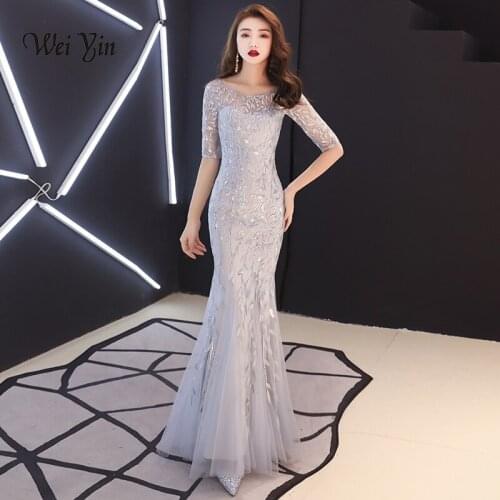 Weiyin Robe De Soiree O-Neck Silver Mermaid Long Evening Dresses Backless Luxury Sequin Formal Party Dress Prom Gowns WY1315