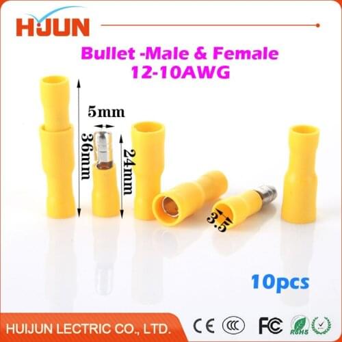 10pcs/lot Bullet-Male & Bullet-Female Quick Disconnect Cable Wire Splice Insulation Terminal Connector 4-6mm2 12-10AWG 24A