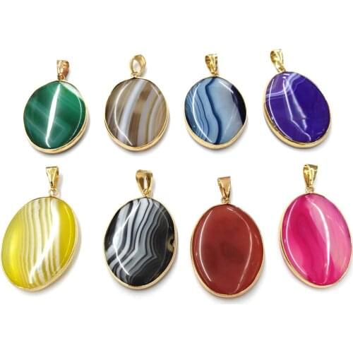 Natural Agate Pendant Necklace Accessories Egg Shape Colorful Striped Agate Stone Charms for Jewelry Making Bracelet Earrings