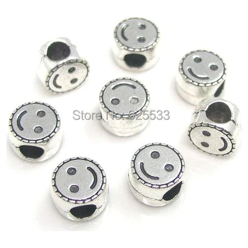 Free shipping 50pcs 9mm antique silver plated alloy round smile face big hole beads fit European bracelet Jewelry DIY