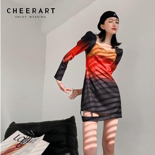 CHEERART Gradient Suede Cut Out Dress Women Puff Sleeve Square Neck Red Long Sleeve Tunic Mini Dress 2021 Fashion Clothing