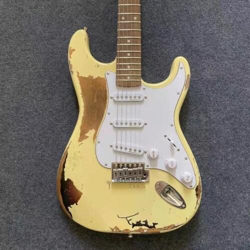 Aged Electric Guitar Cream Yellow Color Elder Guitar Body Rosewood Fingerboard 100% Handmade High Quality Guitarar Free Shipping