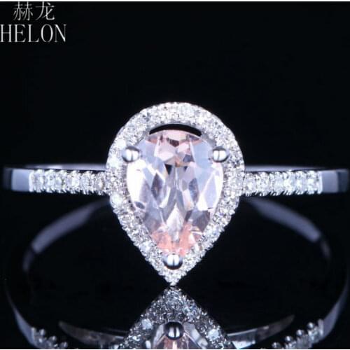 HELON Solid 10K White Gold Pear 5x7mm Genuine Natural Morganite & Diamonds Engagement Ring Women Trendy Fine Jewelry Best Gift