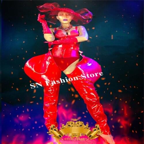 K48 Red color sexy female bodysuit dj stage dance costumes prom wears jumpsuit bar dresses clothe performance outfit party show