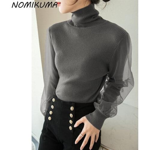 Nomikuma Korean Mesh Patchwork Long Sleeve Pullover Knitwear 2020 Autumn Winter Turtleneck Knitted Tops Women Sweater 6D676