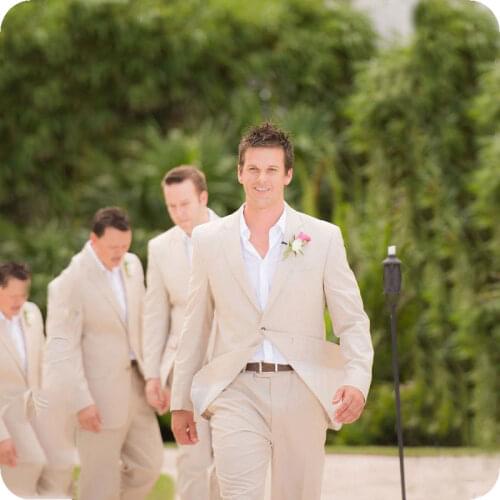 Summer Linen Beige Men Suits Beach Wedding Suits For Man Bridegroom Groomsmen Wear Tuxedos 2pieces Prom Terno Blazer Masculino