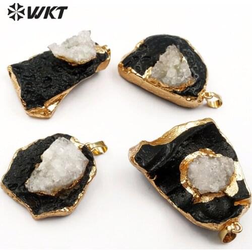 WT-P1389 Bizarre Shape Black Tektite With Druzy Quartz Gold Dipped Pendant In High Quality Special Gift For Her
