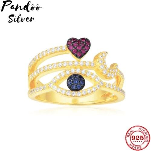 Fashion Charm Sterling Silver Copy 1:1 Replica,Yellow Silver Ring With Lucky Eye, Heart And Moon Women 2021 Jewelry Gift