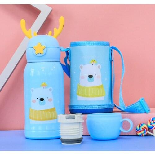 Cartoon Childrens Straw Water Cup Strap Bouncing Cup Childrens Vacuum Double-lid Double-layer Stainless Steel Vacuum Flask