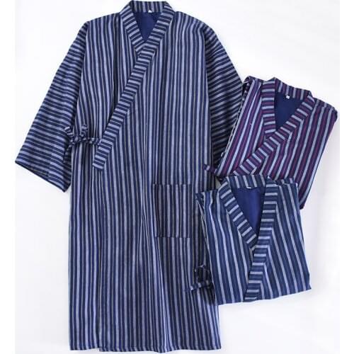 Spring New Mens Nightgown 100% Cotton Double Gauze Mens Kimono Long Sleeve Nightgown V-Neck Striped Men Sleepwear Bath Robes