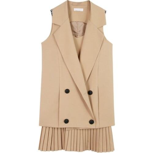 Elegant Long Turn Down Collar OL Suit Vest Sleeveless Jacket Double Breasted + Pleated straps Sting Dress suit casual 2pcs/set