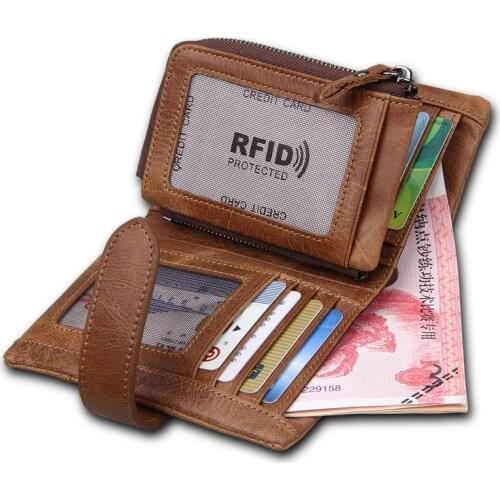 Luxury Vintage Casual Wallets Men Genuine Leather Men Short Bifold Wallet Real Cowhide Zipper Coin Purse RFID Card Holder
