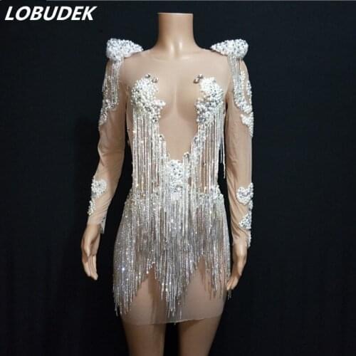 Sexy See Through White Pearl Shiny Rhinestone Tassel Dress Birthday Celebration Evening Performance Mesh Dress Stage Short Dress