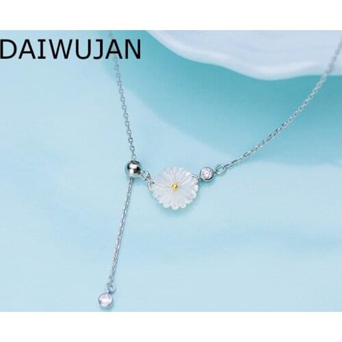 DAIWUJAN Temperament 925 Sterling Silver White Daisy Choker Necklaces For Women Girls Elegant Silver Chain Y Necklaces Pendant