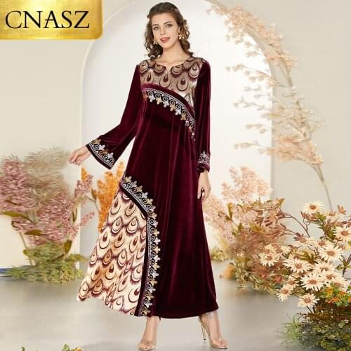 Latest Large Size Fashion Ethnic Embroidery Solid Color Thick Gold Velvet Long-Sleeved Stitching Casual Large Swing Dress Robe