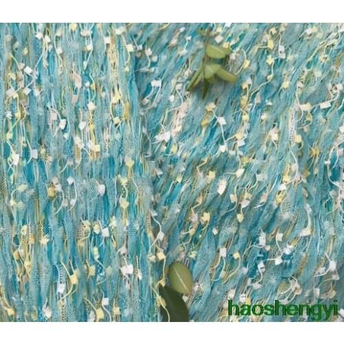 High-quality blue-green European root yarn pleated texture tassel embroidery apparel fabric
