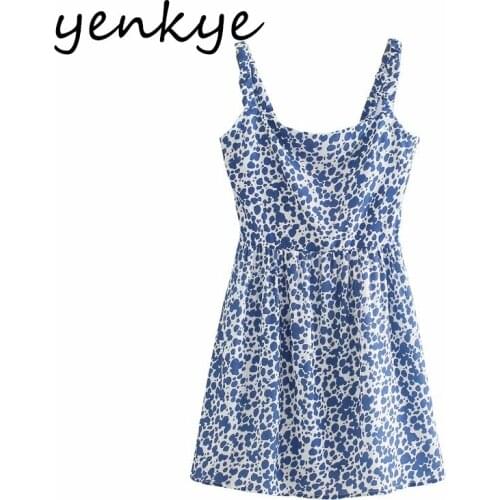 YENKYE Blue Print Sexy Sling Dress Women Square Neck Sleeveless A-line Casual Dress Female Holiday Summer Short Vestido