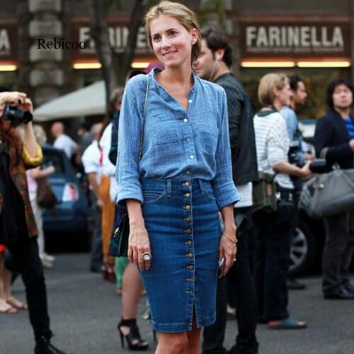 Women Blue Solid Casual High Waist Pencil Denim Skirts High Street Pockets Button midi skirt All-matched Knee-Length Jeans Skirt