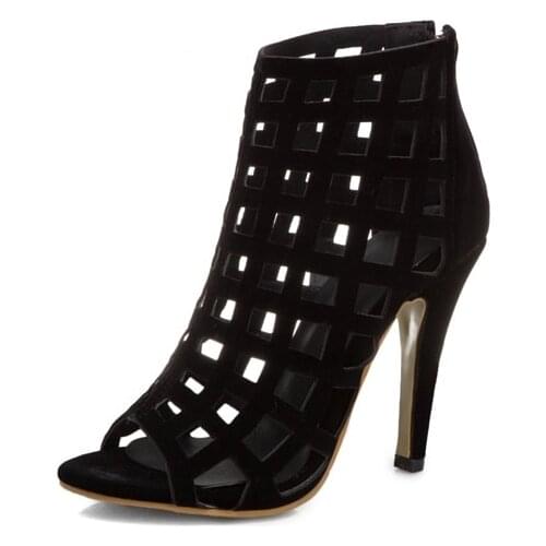 ZJVI Woman Ankle Boots 2021 Women Womens Thin High Heels Shoes Fashion Summer Autumn Suede PU Ladies Open Toe Red Black Cut Outs