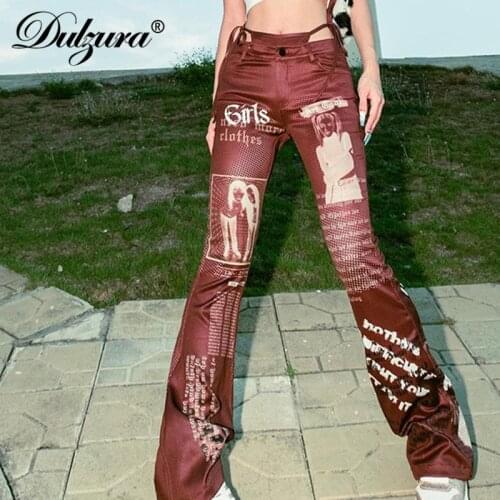 Dulzura 2021 Summer Women Letter Print High Wiast Lace Up Flare Pants Streetwear Fashion Vintage Bell Trousers Bottoms