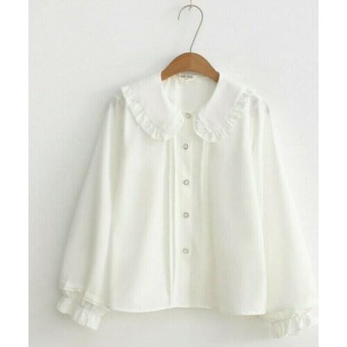 Women Girls Lolita Shirts Tops Peter Pan Collar Long Sleeve Button Blouses Sweet