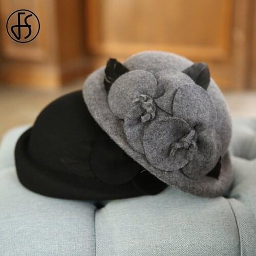 FS Black Gray Burgundy Wool Felt Beret Fascinator Wedding Top Hat Cap Women Female Flower Fedora Church Party Dress Derby Hats