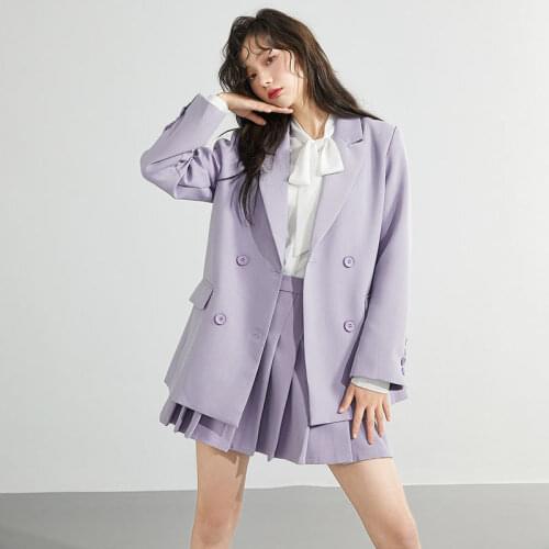 2021 Autumn New Pure Purple Suit Jacket Pleated Skirt + Professional Style Lady Suit Jacket Two-piece Suit Women
