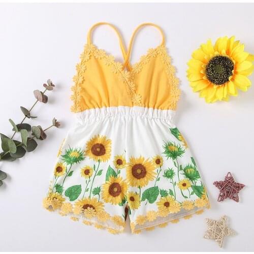 Girl’s Summer Suspender Jumpsuit Fashion Sunflower Print Stitching High Waist Short Pants 2021 New Fashion