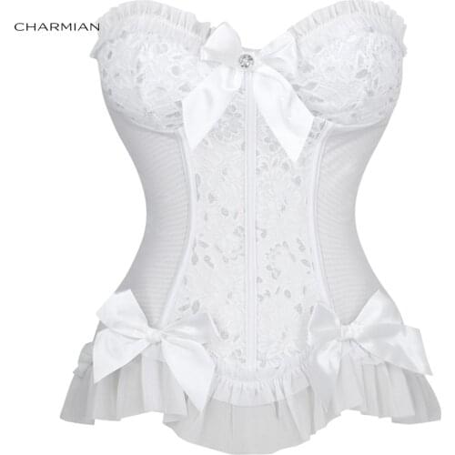 Charmian Womens Sexy Strapless Plastic Bone White Jacquard Bride Bowknot and Ruffle Overbust Corset