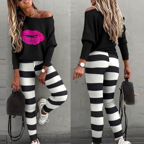 2021 Autumn Casual Women Winter Long Sleeve Top Long Pant matching set Tracksuit 2 Piece Set Big Lips Sexy Off Shoulder Female