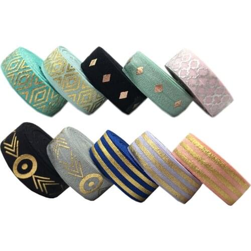 10Y Gold Foil Geometric Stripes Print Fold Over Elastic Ribbon For Sewing Hair Tie Strap Backpack Decoration Accessory Wholesale
