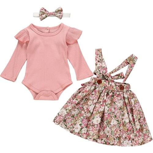 Newborn Infant Baby Girl Clothes Set Long Sleeve Romper Tops Suspender Tutu Skirt and Headband 3Pcs Toddler Outfits Kids Suit