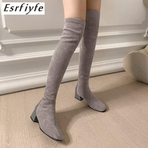 ESRFIYFE 2020 Women Over The Knee High Boots Hoof Heels Winter Shoes Square Toe Sexy Elastic Fabric Women Boots Big Size 34-43