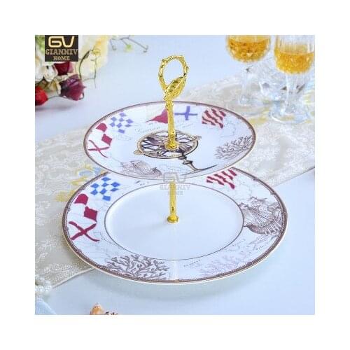 European Style Horse Bone China Double Decker Plates Jane-European Creative Cake Fruit Snack Plate Afternoon Tea Ceramic Tray