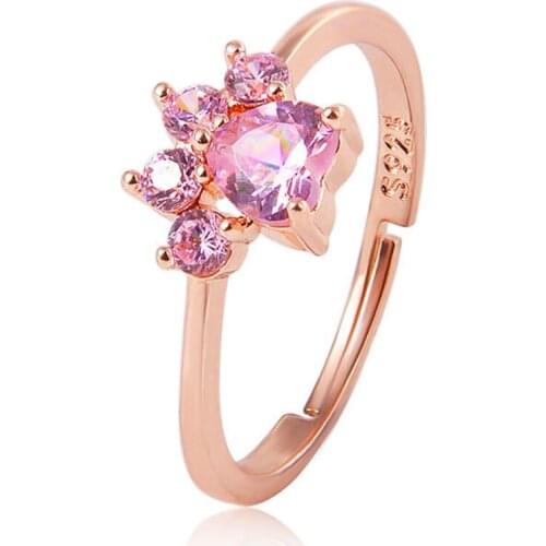Copper Plated Gold Cat Paw Open Resizeable Female Ring Pink Crystal Girl Women Engagement Finger Anillos Wholesale Dropshipping