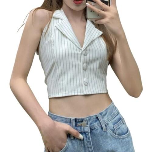 Womens Halter Crop Tank Tops, Sleeveless Stripes Print Button Down Lapel Collar Camisole