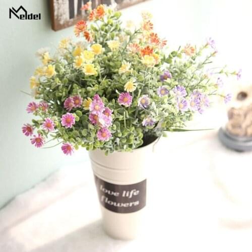 Meldel Mini Daisy Bunch Wedding Artificial Flower Plastic Bouquet Flocking Daisy Fake Gerbera Home Party Wedding Wall Decoration