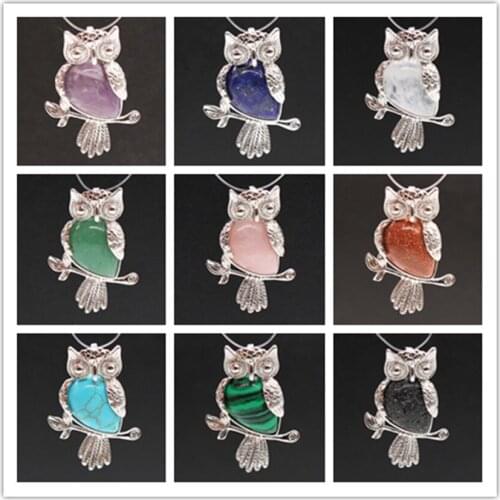 Trendy-beads Silver Plated Wisdom Owl Shape Green Turquoises Stone Animal Pendant Cherry Quartz For Party Gift
