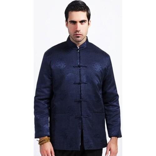 Blue Winter Men Cotton-Padded Jacket Chinese Silk Coat Tang Suit Thicken Overcoat Outwear Size M L XL XXL XXXL