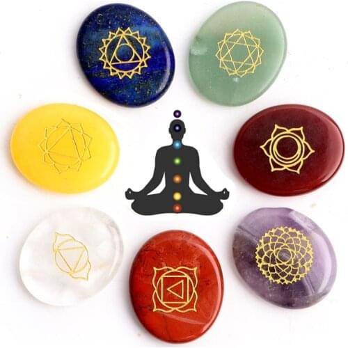 Set of 7 Chakra Stones Natural Crystal Stone Chakra Set With Engraved Symbols Reiki Healing Rune Gift