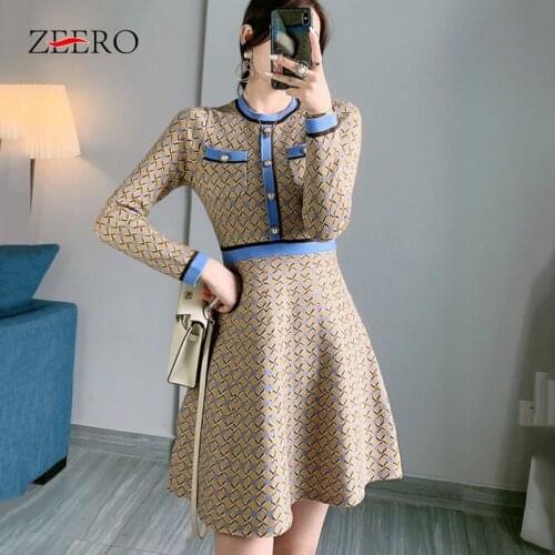 Autumn Winter Female Vintage O-Neck Metal Buttons Long Sleeve A-Line Base Knitted Dress for Women Plaid High Waist Mini Dresses