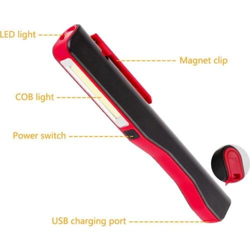 Portable Pen Shape COB LED Flashlight USB Rechargeable Magnetic Work Light Lamp