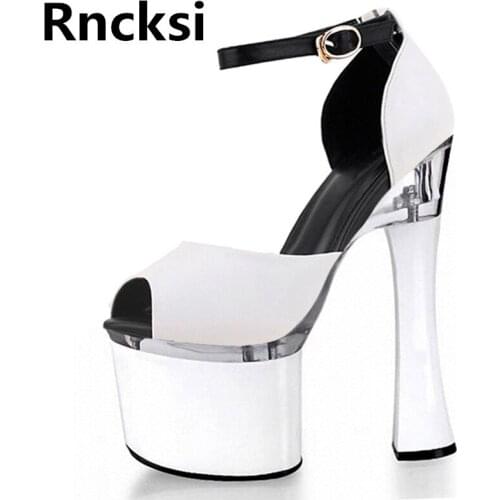 Rncksi Peep Toe Sexy Straps Womens 18cm Square Heels Party Shoes Party Sandals Patform 18cm High Heels Pole Dance Sandals