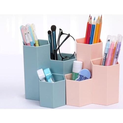 1PC Hexagon Pen Holder Multifunctional Desktop Organizer Stationery Pens Holder Storage Case Box