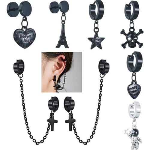 1 Pc Hip Hop Rock Ear Chain Cross Earrings Black Retro Geometric Simplicity Ear Bones Clip Street Fashion Punk Jewelry Gifts