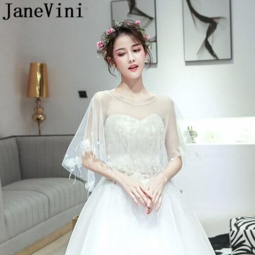 JaneVini Summer Beaded Girls Bolero Vintage Lace Flowers Feather Cape for Brides White Pearls Wedding Bridal Cloak Tulle Wraps