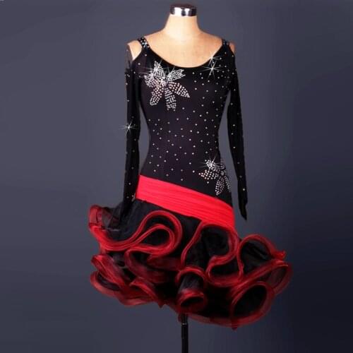 High-grade Latin Dance Dress Women Rhinestone With Long Sleeves Off Shoulder For Latin Dance Performance Competition Dresses