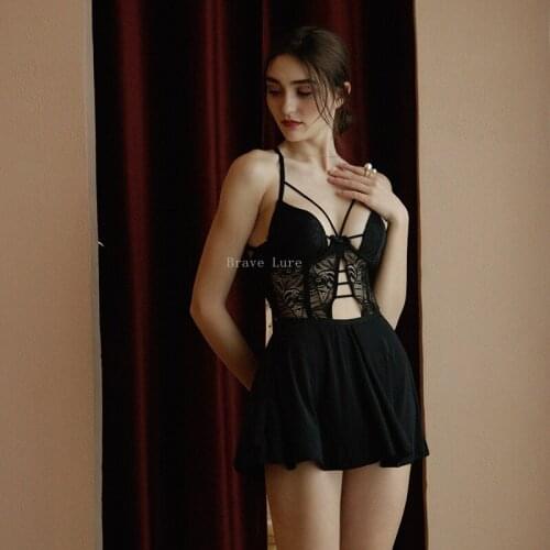 Ladies Sexy Lace Nightdress Silk V-neck Sleepwear Lingerie Nightgown Women Sleepshirt Black Night Dress Womens Clothing